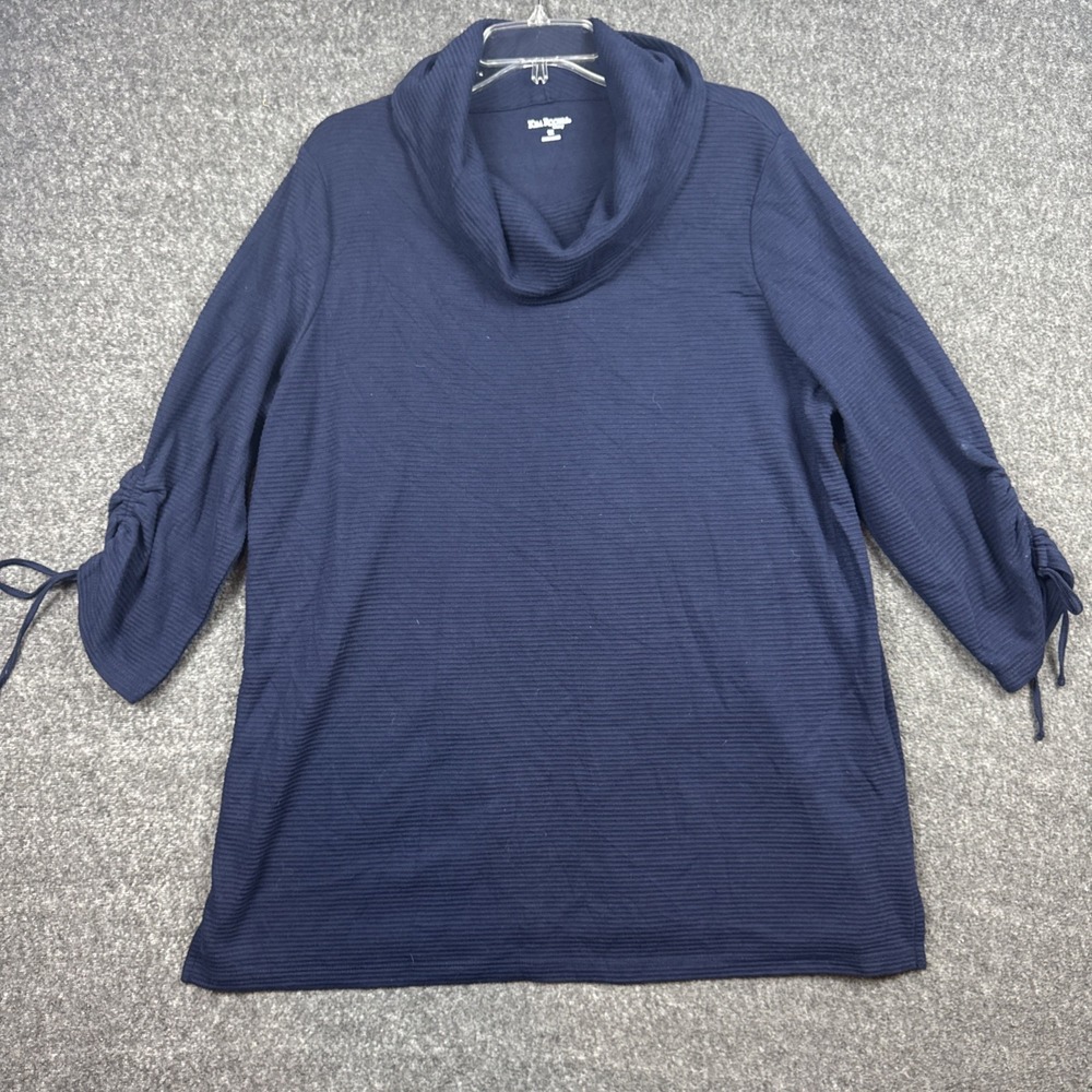 Kim Rogers Curvy Cowl Neck Sweater 1X Navy Blue Ribbed Knit Pullover Casual Cozy